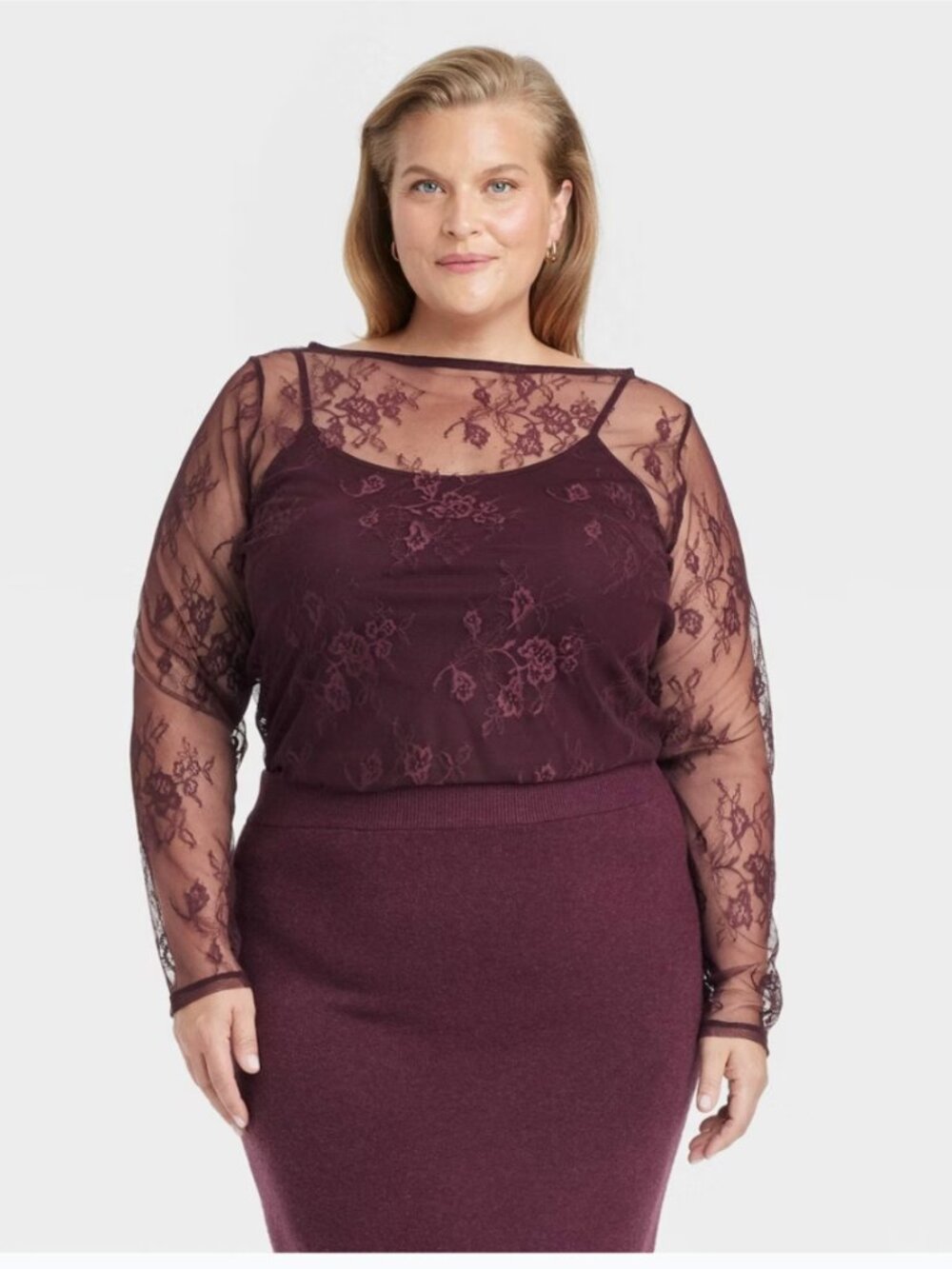 A New Day XXL Womens Long Sleeve Lace Top Slim Fit Floral Burgundy